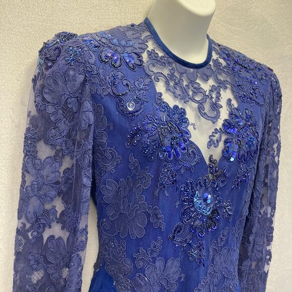 Vintage 80s Handmade Lace Beaded Midi Dress Womens 6 Blue Sequins Suede Regency - Picture 7 of 16